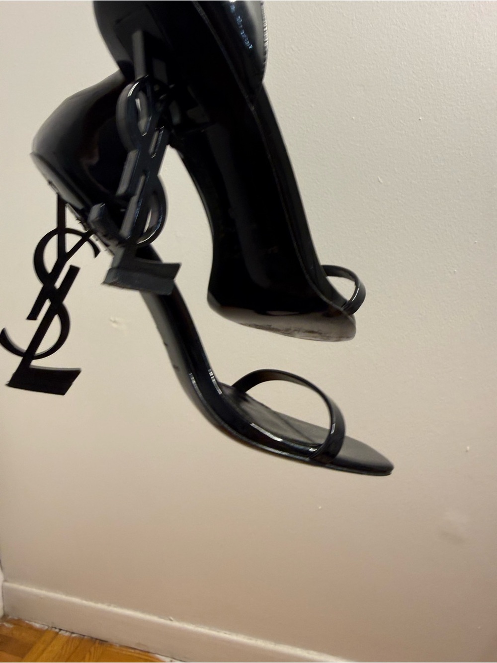Saint Laurent Black Patent Logo-Heel Strappy Sandals